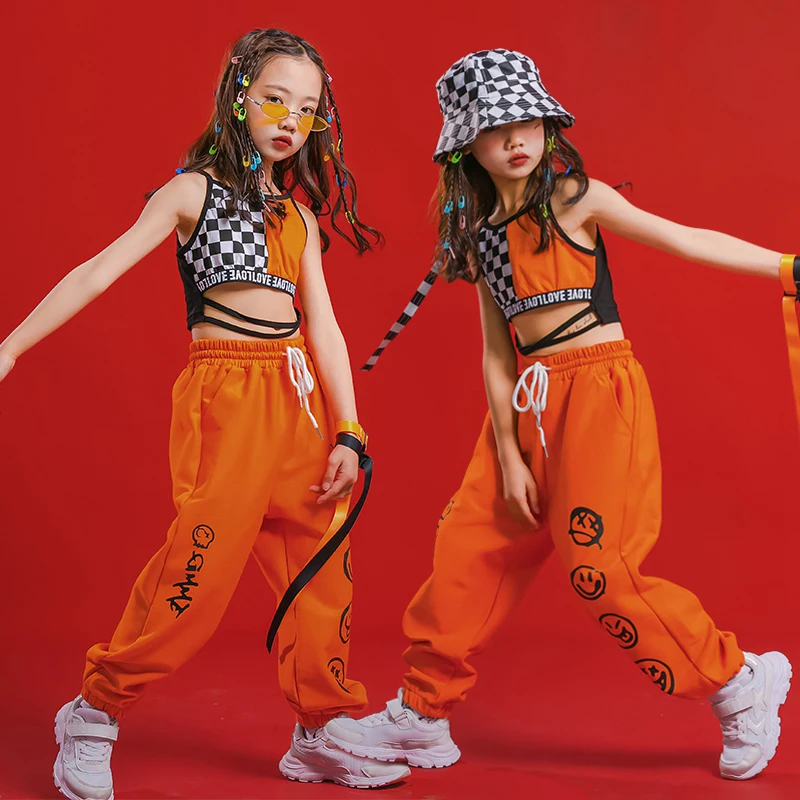 Kinder Jazz Tanz kostüme für Mädchen Orange Weste HipHop Hosen Outfits moderne Tanz Hip Hop Kleidung Street Dance Wear dqs6836