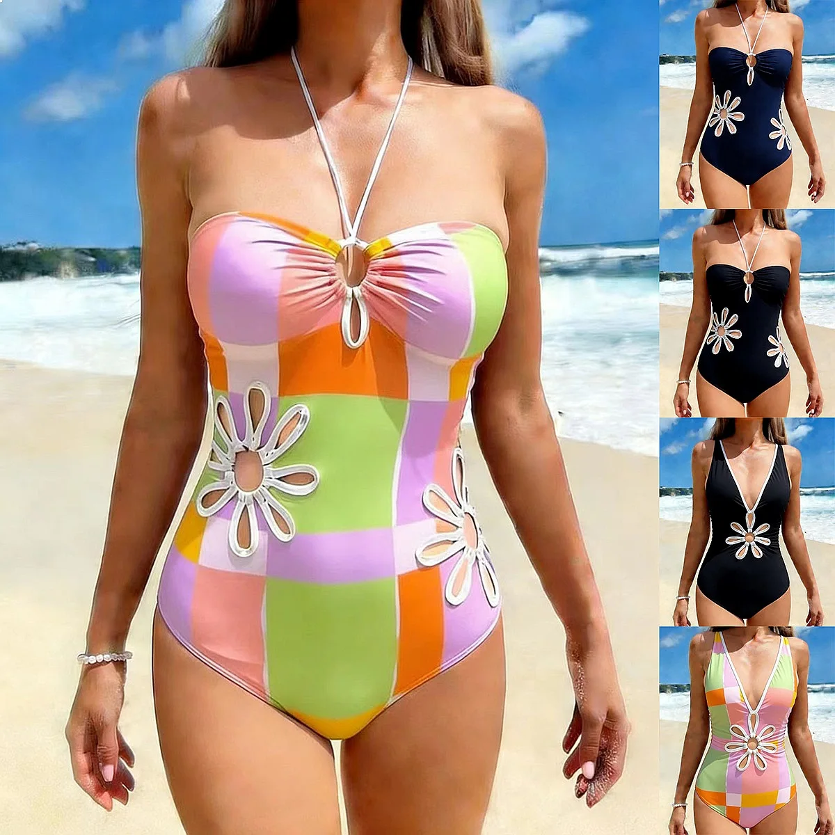 

2026 Solid Hollow Cutout Sexy One Piece Bodysuit Swimsuit Padded Beachwear For Women Summer Beach Pool Bathing Wear