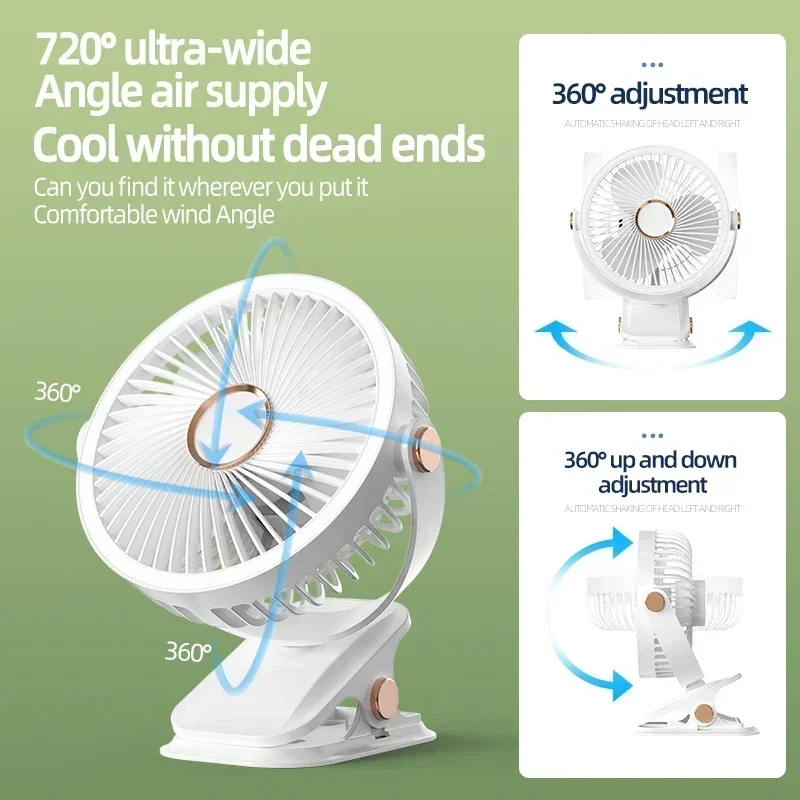 720° Wide Angle Rechargeable Desk Fan with LED Light 3 Speed Wind 360° Adjustable Head Type C Charging Portable Clip Hanging Fan