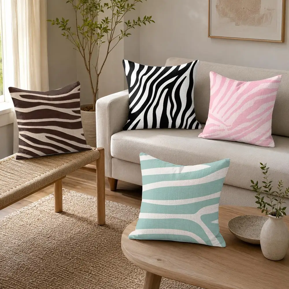 Zebra Pattern Cushion Cover Organic Linen Throw Pillow Cover - Double-Sided Print Breathable Cushion Case Home Decor