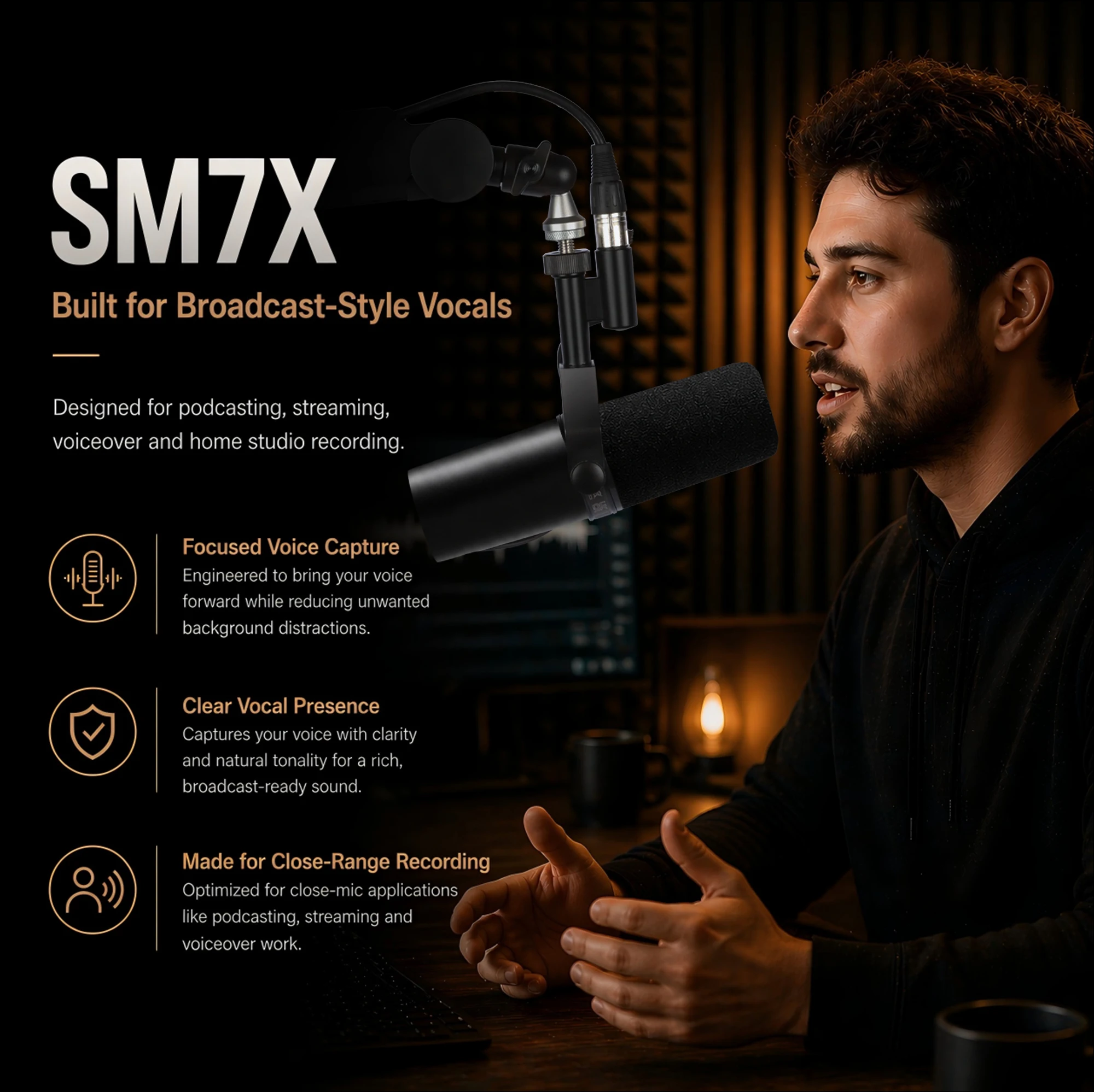 KTES SM7X Cardioid Dynamic Microphone XLR Metal Broadcast Vocal Mic with Windscreen for Podcast Studio Recording Streaming