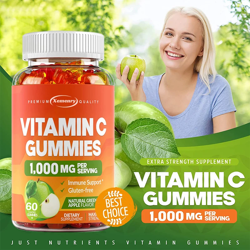 Vitamin C 1000 Mg Gummies - Powerful Immune Support, Skin Collagen Support - Tart Green Apple - 60 Gummies, Adults & Kids