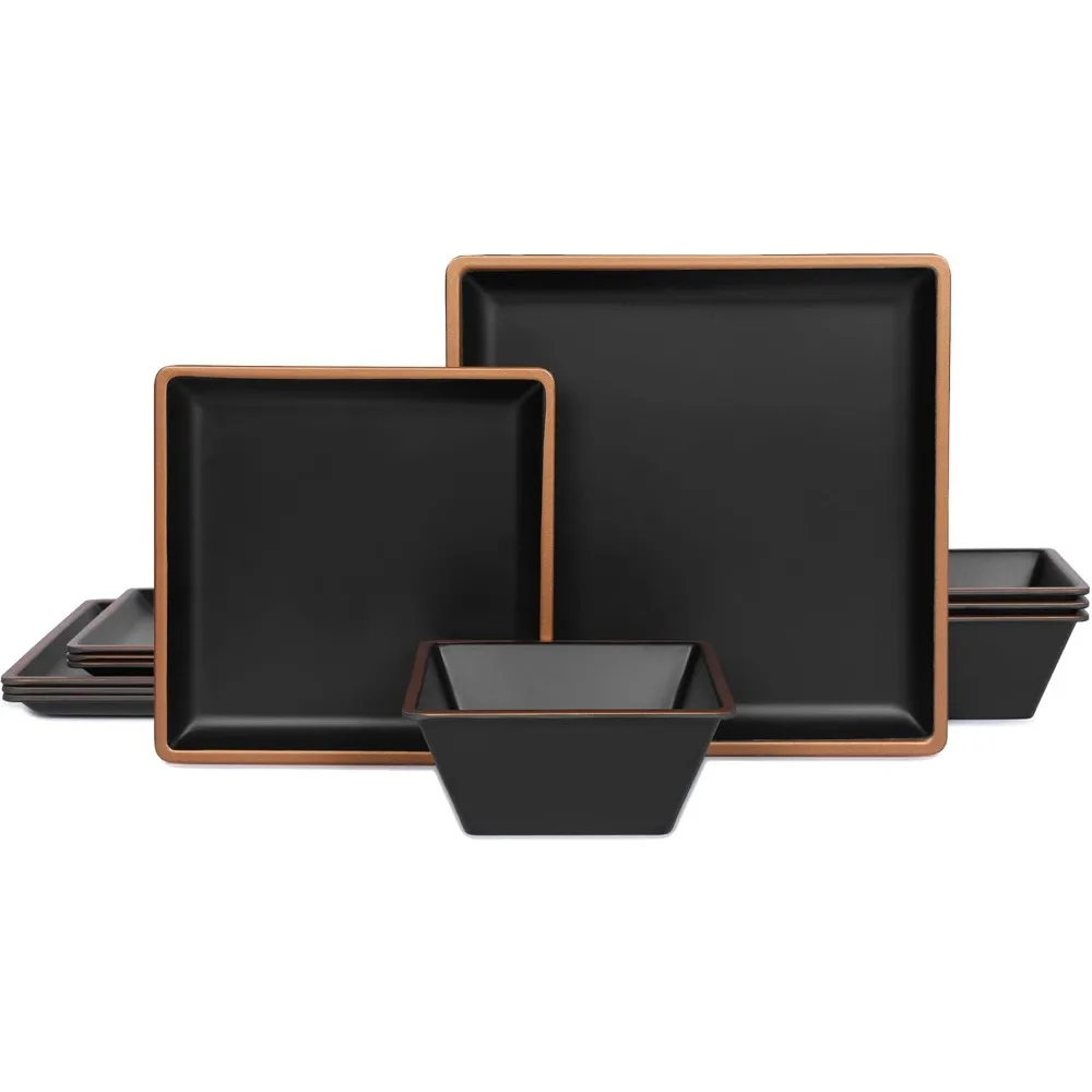 

Melamine Dinnerware Set for 4, Square Plates and Bowls, 12-Piece Non-Breakable Lightweight Tableware