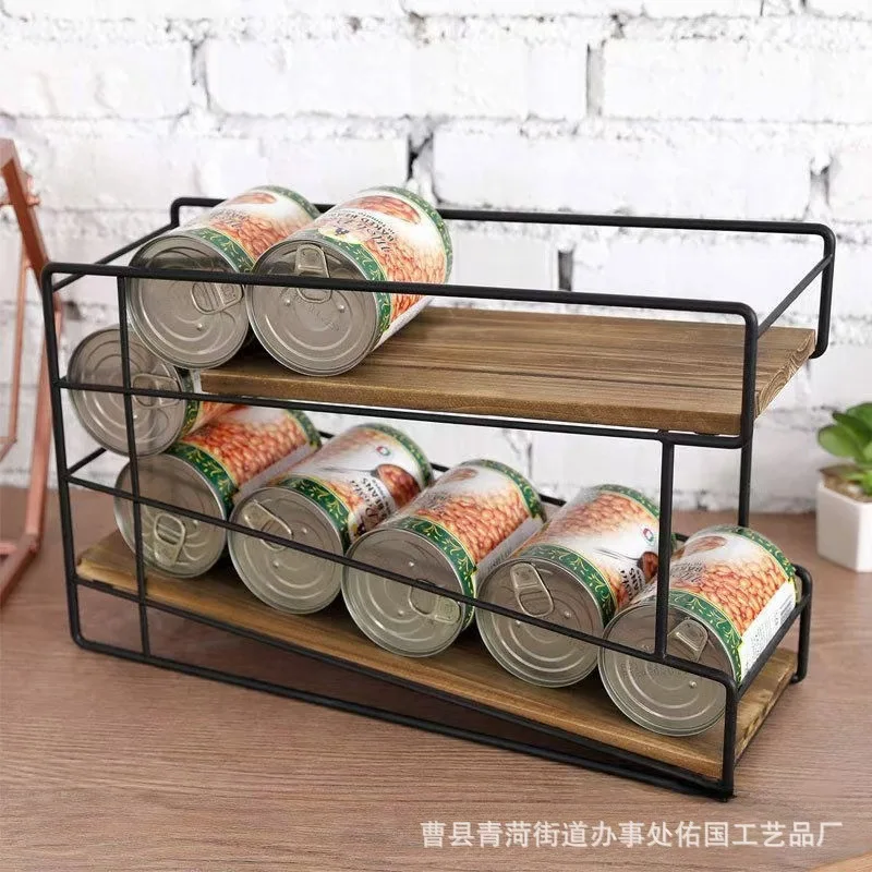 Desktop can finishing rack, iron and wood combined pendulum, desktop double-layer can rack, living room beverage finishing