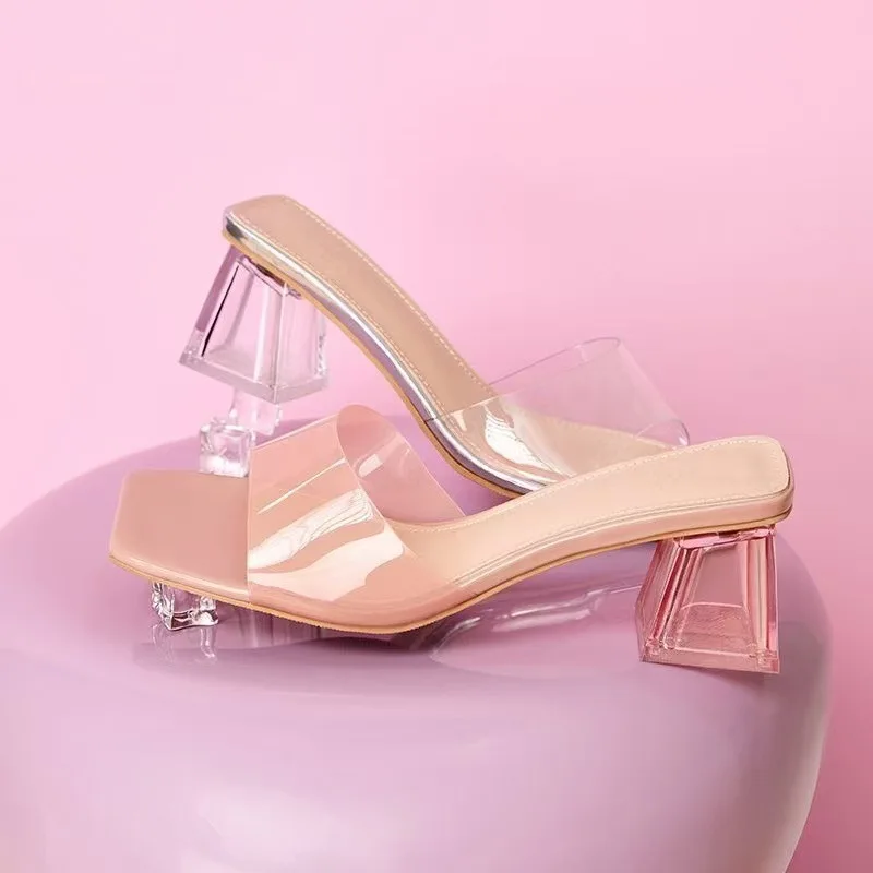 

New style of thick-heeled crystal and open-toe transparent heels women's sandals, one-shoulder slippers and women's high heels
