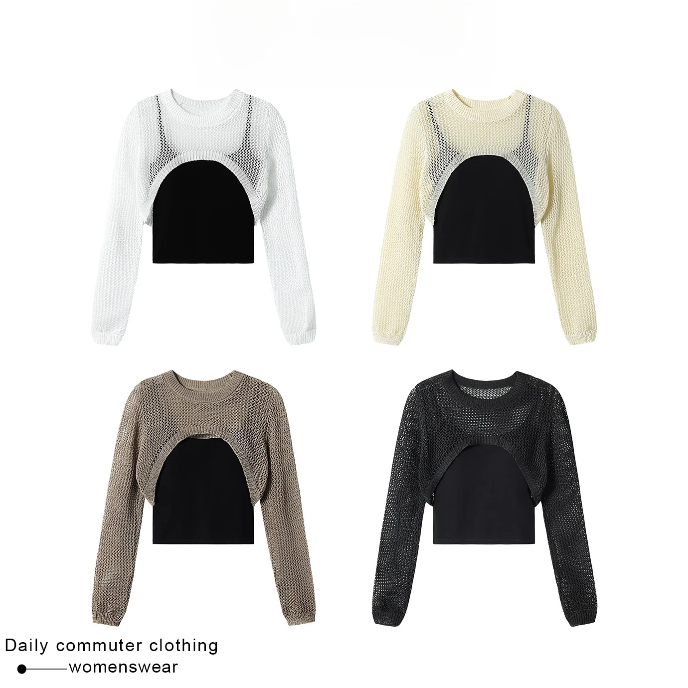 

Coshehkg Korean Style Hollow out Knitted Top Black Strap Autumn New Arrival Women's Fashion Set Long Sleeve round Neck Short ...