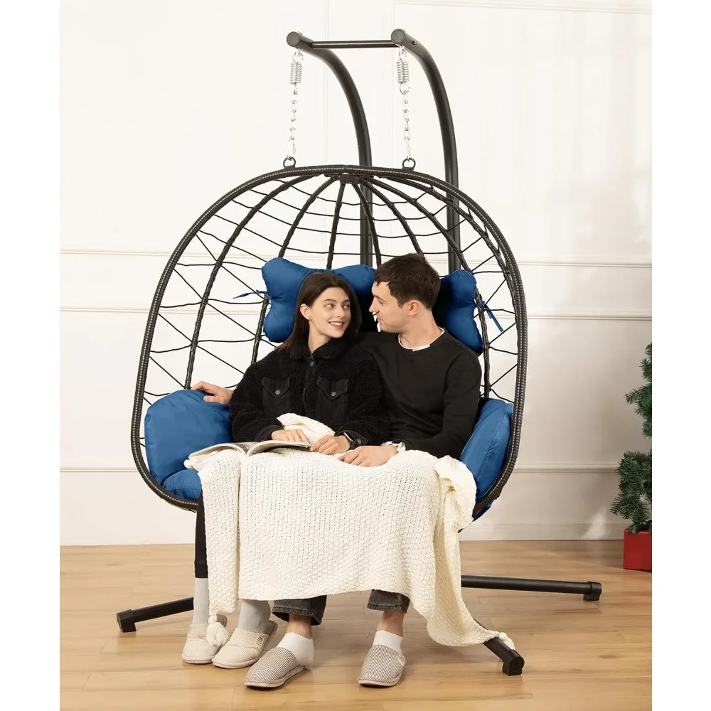 Double Egg Chair wth Stand Hammock Swing Chair Foldable Hanging Loveseat, UV Resistant Removable Cushions, 700LBS Capacity for B