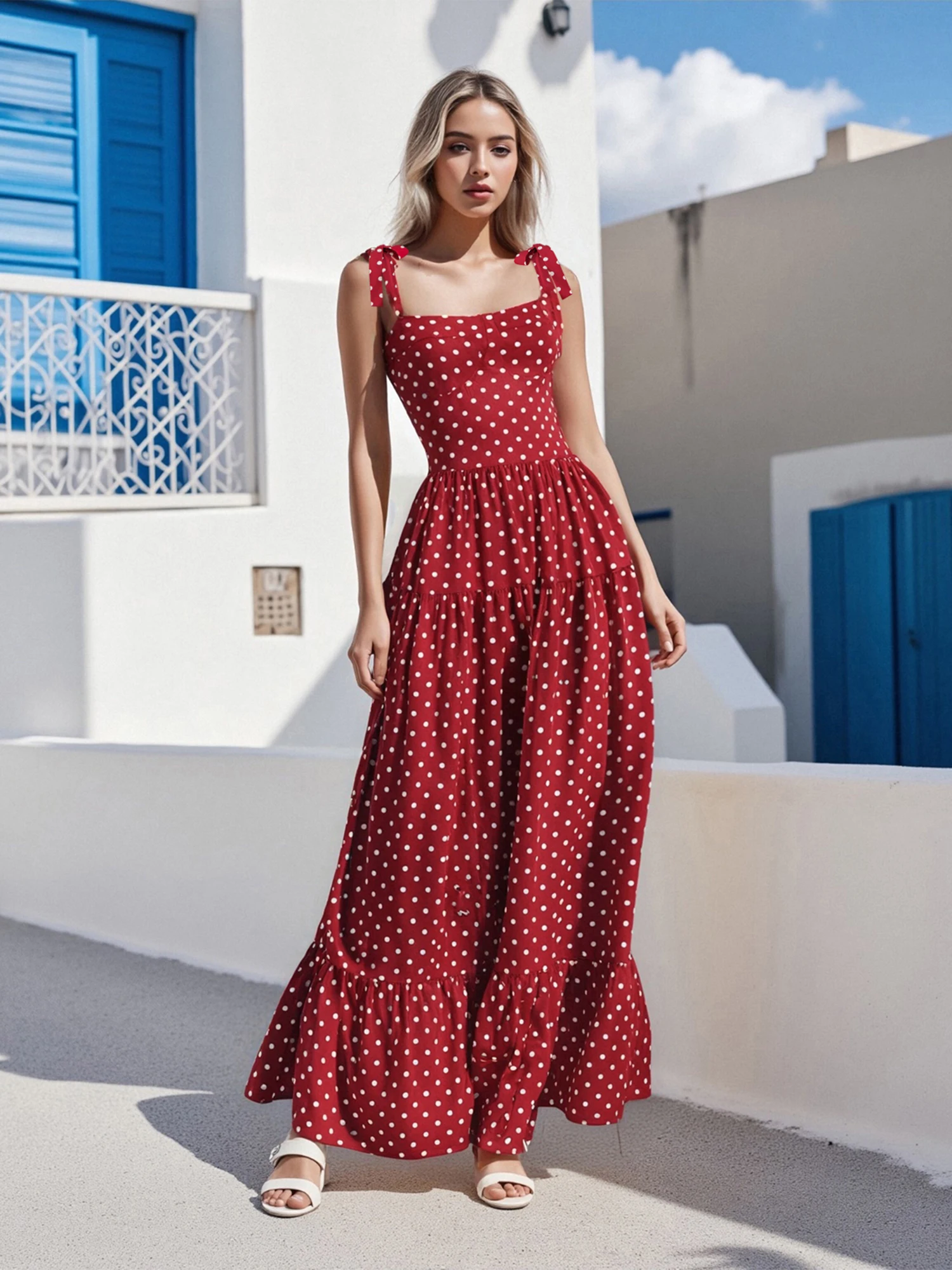Women s Polka Dot Print Sleeveless Maxi Dress with Tie-Up Straps Summer Fashion Casual Cami Dress for a Stylish Look