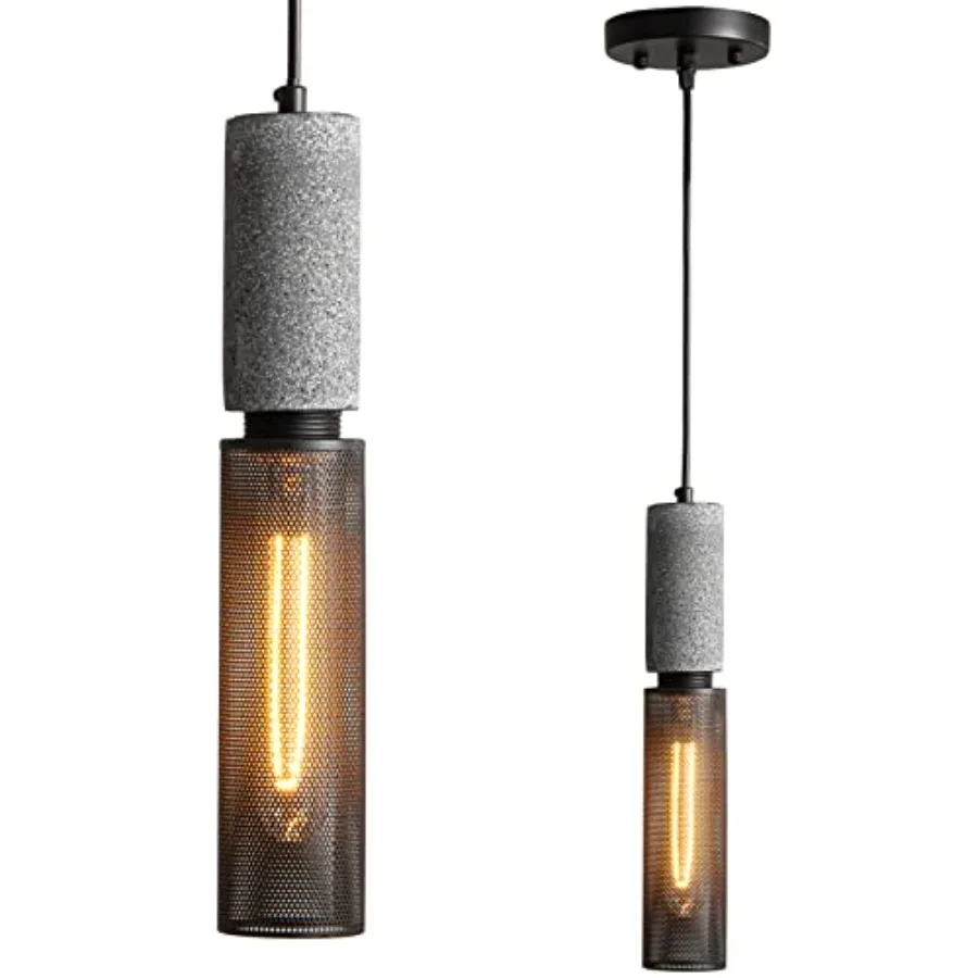 

Concrete Linear Pendant Light with a Metal Mesh Shade, Modern Industrial Hanging Cement Pendant Lighting Fixture for Kitchen Is
