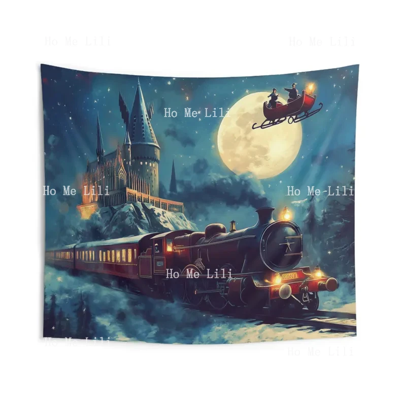 Magical Wizarding School Wall Tapestry Enchanted Castle Train Santa Sleigh Decor For Bedrooms Wizard Santa Sleigh Christmas