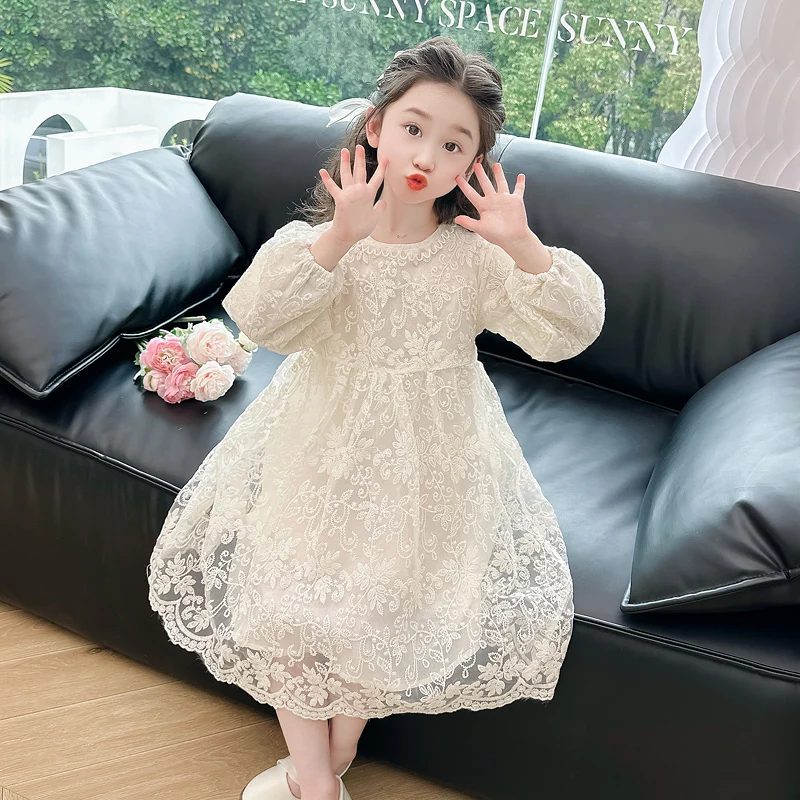 Girls pure color floral lace dress summer single piece