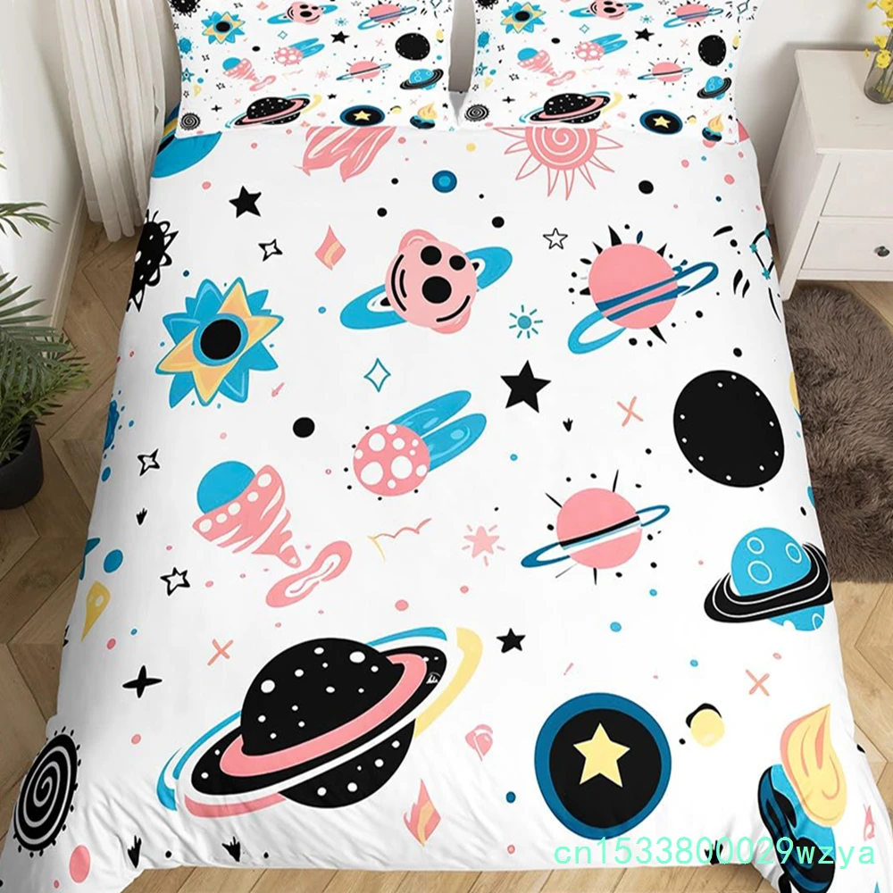 Planet Kids Duvet Cover Planets Rockets Airships Outer Space Galaxy Bedding Set,Stars Dots Comforter Cover Cartoon Quilt Cover