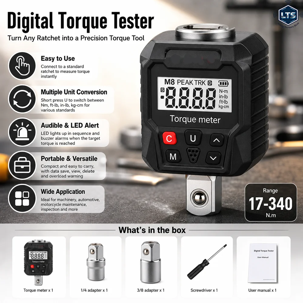 17-340Nm Digital Torque Wrench Adapter 1/4 3/8 Inch Electronic Torque Meter Converter With LCD Display Precision Tool