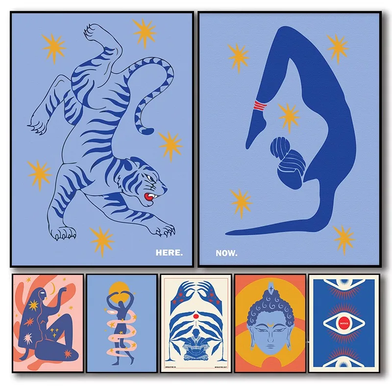 Art mural minimaliste de bouddha Zen pour studio de yoga, décor d'angle de méditation apaisant avec caduceus, pleine conscience et symboles spirituels