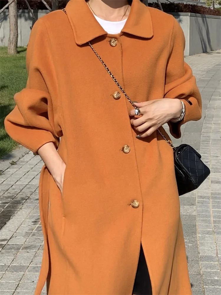 

Solid Color Double-sided Cashmere Coat Women Mid-length New Korean Loose Single-breasted Lace-up Wool Coat Female Autumn Winter