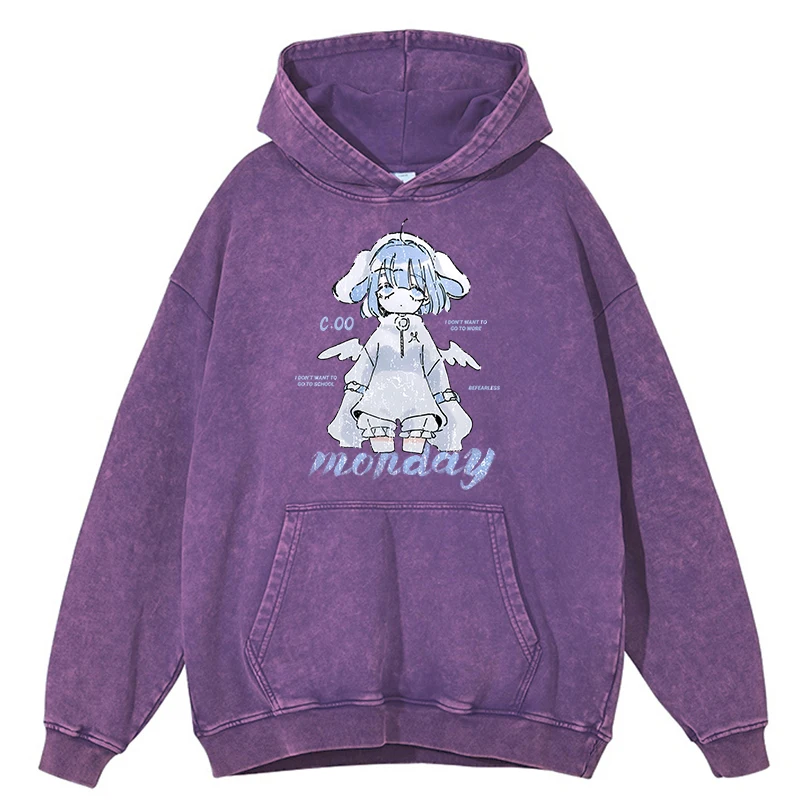 Retro Distressed Wash Harajuku Anime Girl Design Hoodie Men Sweatshirts Autumn 100% Cotton Streetwear Hip Hop Clothing Hoody