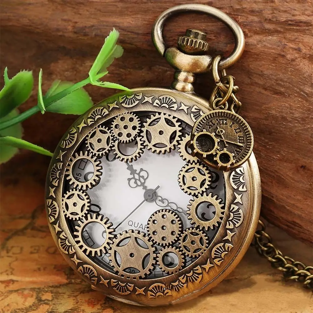 ขายร้อน Bronze ควอตซ์นาฬิกา Steampunk Roman Dial นาฬิกาพ็อกเก็ตนาฬิกา Vintage พร้อมสร้อยคอ Retro นาฬิกาผู้ชาย