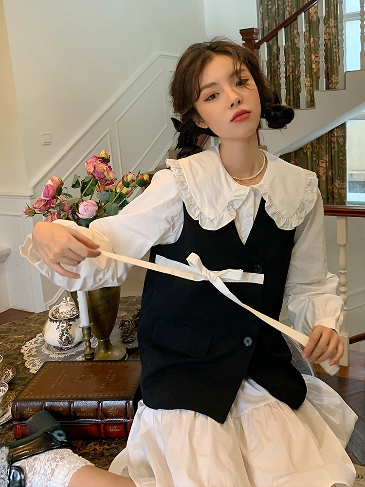 

Белый кукольный воротник и жилет, комплект, милый и крутой японский костюм для молодых женщин, модный костюм из двух предметов, осенняя коллекция