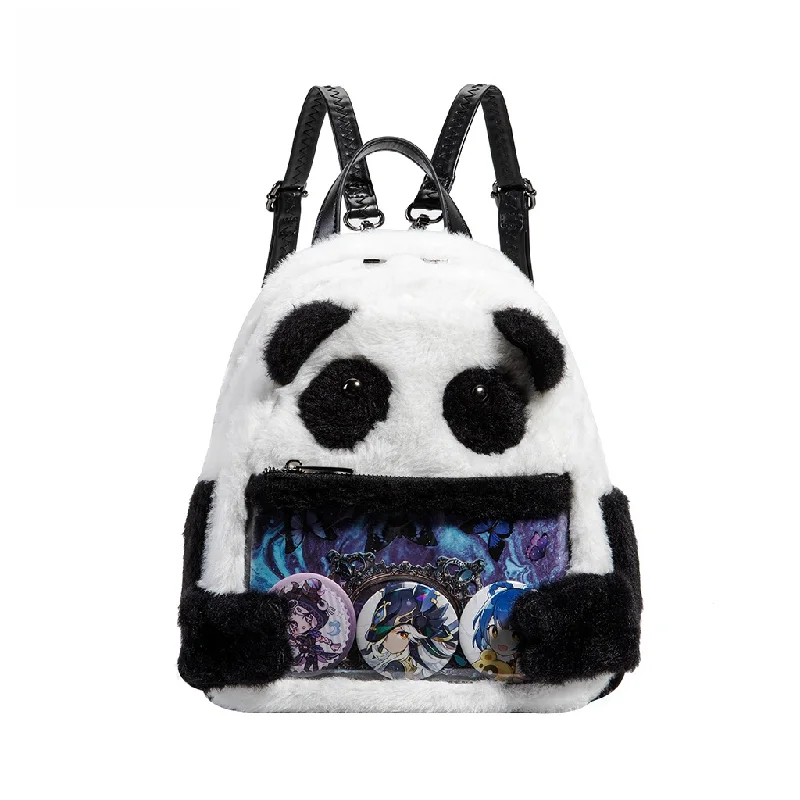 Cute Plush Panda Ita Backpack Mini Fluffy Shoulder Bag with Clear Pin Window Kawaii Cartoon School Bag for Girls