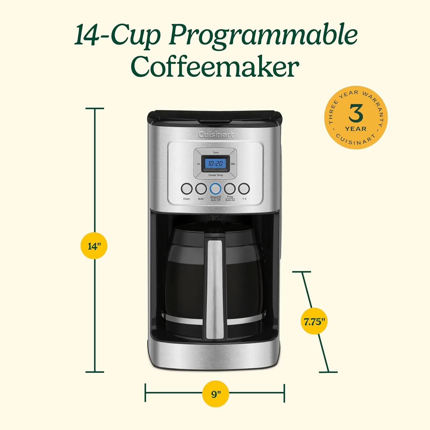 Cafetière, carafe en verre de 14 tasses, entièrement automatique pour le contrôle de la force de brassage et réglage de 1-4 tasses, acier inoxydable, DCC-3200P1