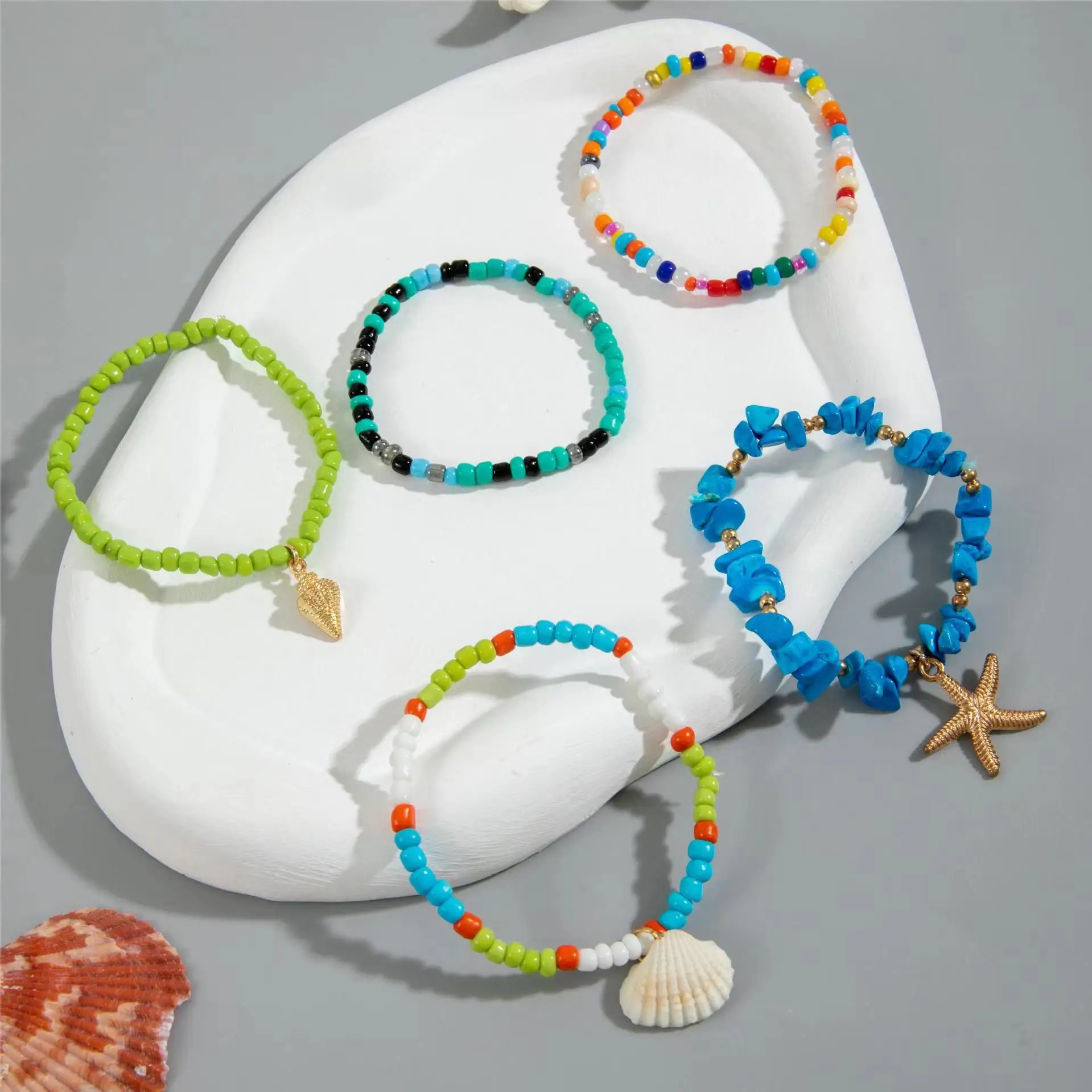 5-7pc/set Starfish Shell Ocean Conch Party Girls Hamsa Hand Casual Cute Bead Bohemia Bracelets For Women Female Jewelry