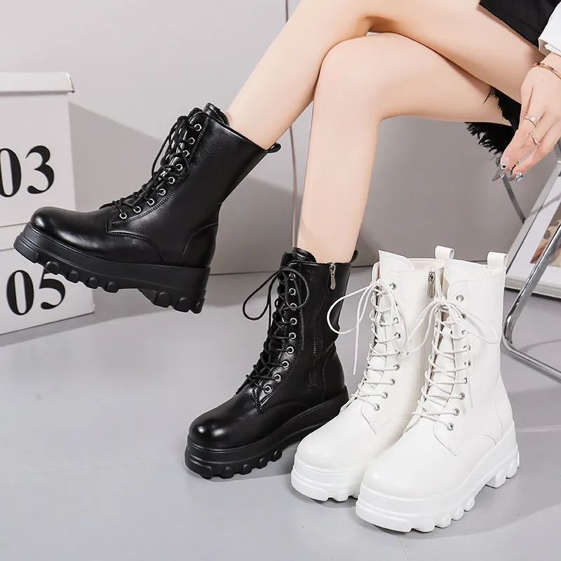 Elevated  Boots 10cm Thick Heel Unisex Mid-Calf Large Size Knight Boots British Style Waterproof Upgraded Version