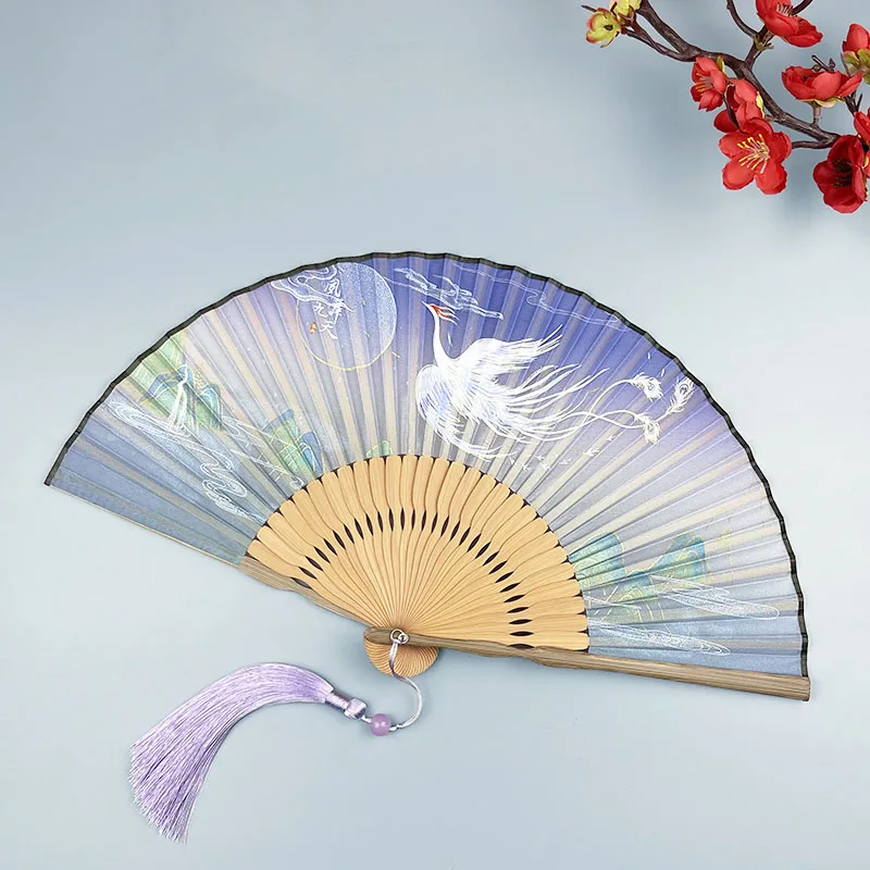 

Phoenix printed folding fan with hanfu dance clothes hand fan silk fabric summer refreshing bamboo fan crafts shouc decoration