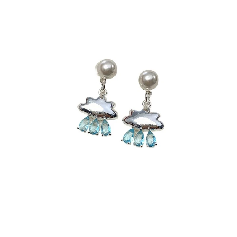 

925 silver needle spring and summer light blue cute cloud pearl earrings women's raindrop new stud earrings