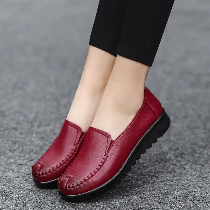 First layer soft cowhide mother comfortable soft bottom shallow mouth round head flat bottom moccasin pregnant women work loafer