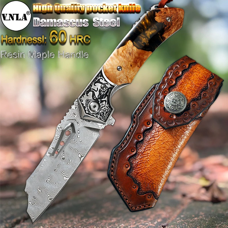 VNLA High-Quality Damascus Steel Folding Knife Outdoor Camping Survival Hiking Fishing Hunting tactics Multi-Purpose PocketKnife
