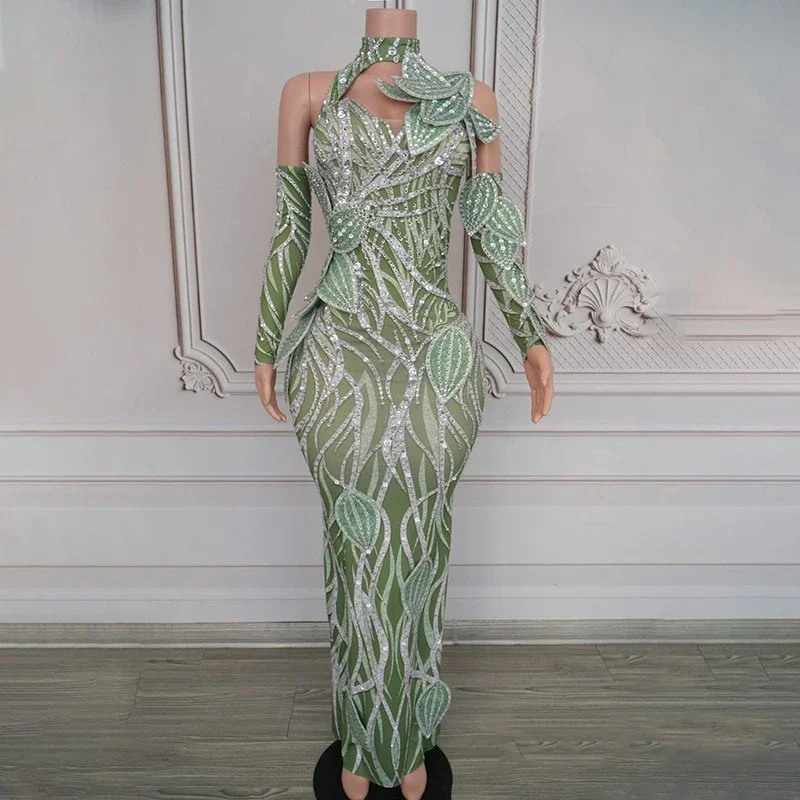 Nightclub Ds Dj Gogo Costume Green Leaf Rhinestones Evening Dress Women Catwalk Festival Outfit Stage Party Dresses