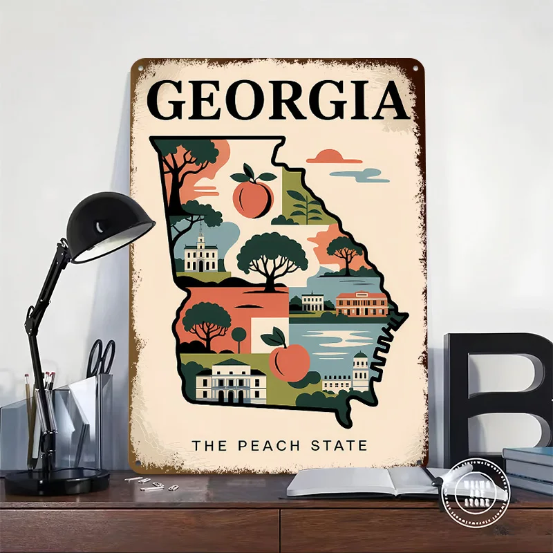 Georgia: The Peach State Illustrated Map Printed Poster Customized Retro Wall Art Vintage Metal Tin Signs for Home Wand Deko