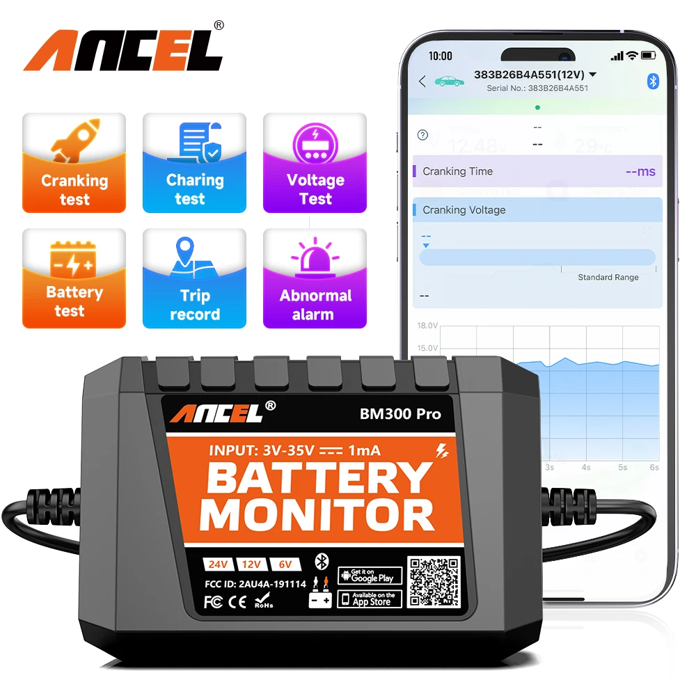 2024 New ANCEL BM300 Pro Battery Monitor 24V Battery Tester 12V SOC Battery Health Analyzer Battery Tools