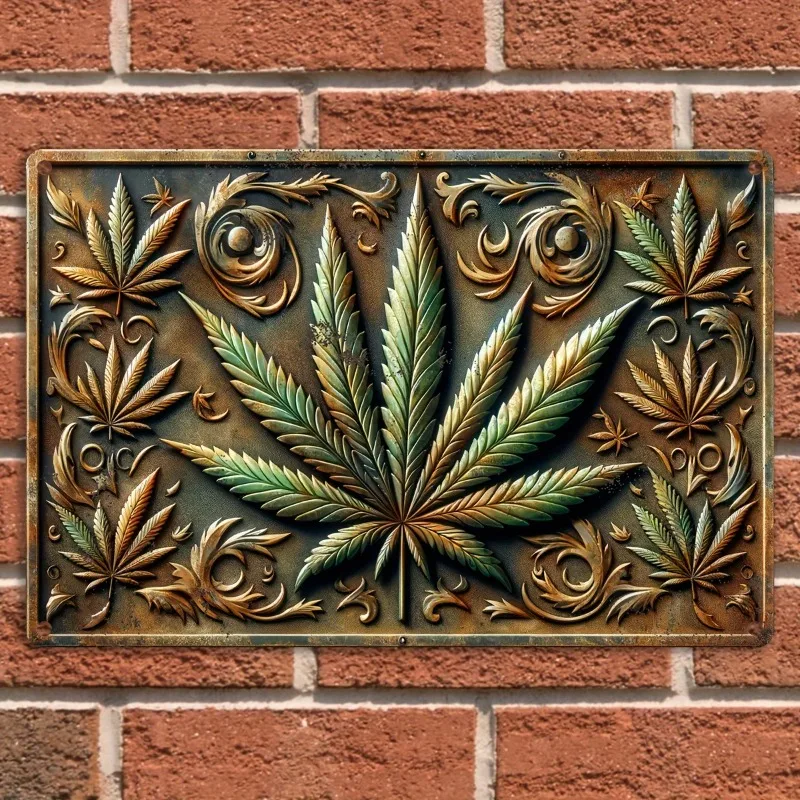 Vintage Cannabis Leaf Metal Sign, Weather Resistant Aluminum Wall Hanging Art for Home, Bar, Man Cave, Multipurpose Decor