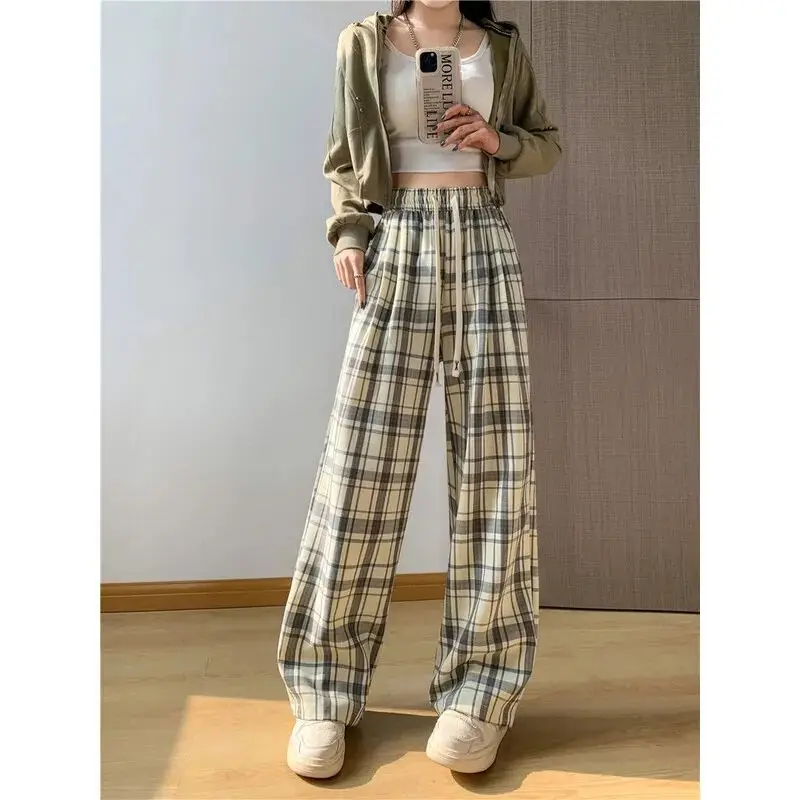 Spring Summer New Elastic Waist Fashion Wide Leg Trousers Women High Street Plaid Printing Pockets Patchwork Drawstring Pants