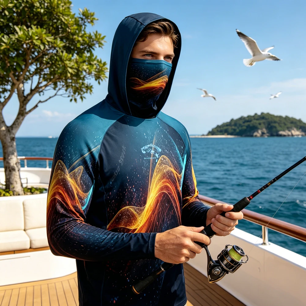 

Men Long Sleeve Fishing Shirt UV Hoodie With Mask Anti‑UV Sun Protection Fishing Wear High Quality Fishing Clothing for Fishing