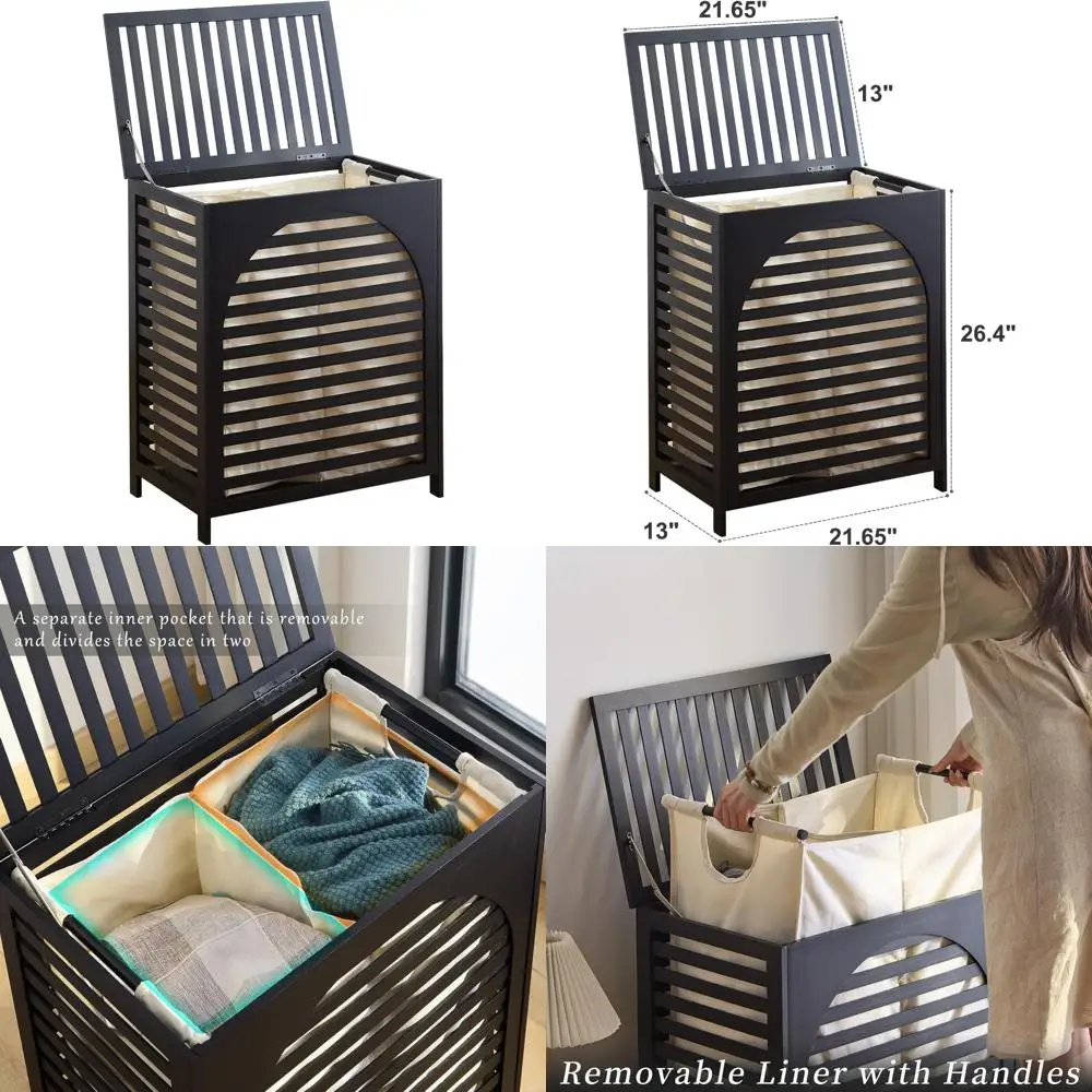 

Bamboo Laundry Hamper with Removable Liner and Handles - Stylish 2-Section Basket for Bedroom Organization
