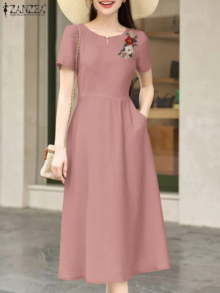 ZANZEA Elegant High เอว A-Line Midi ชุดเดรสแขนสั้นปักดอกไม้สตรี Casual Robes Femme เดินทาง O-คอชุด