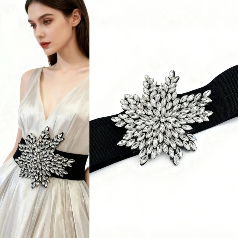 Rhinestone Inlaid Belts Sweet Elastic Female Girdle Dress Multicolored Flower Belt for Women Wedding Party Girdle
