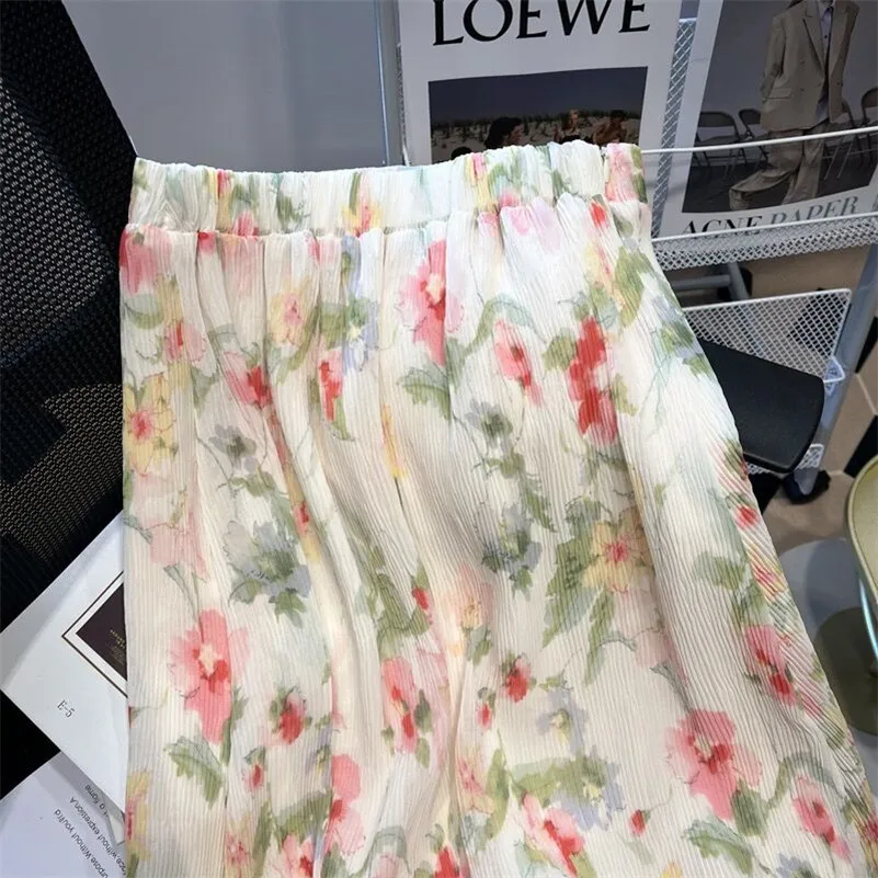 Donne primaverili in chiffon di media lunghezza stile coreano dolce stampa francese gonne in vita elastica allentata abiti temperamento elegante