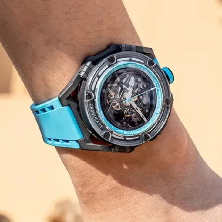 

CRONUSART Men Automatic Watch 43mm Mechanical Wristwatch Carbon Steel+Acrylic Case Luminous Skeleton Dial