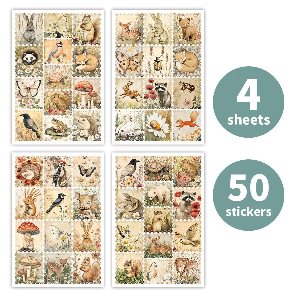 4sheets-50pcs Woodland Animal Botanical Design Stickers,Decals For Scrapbooking,Journaling,Crafts Supplies,Gift Wrapping Labels