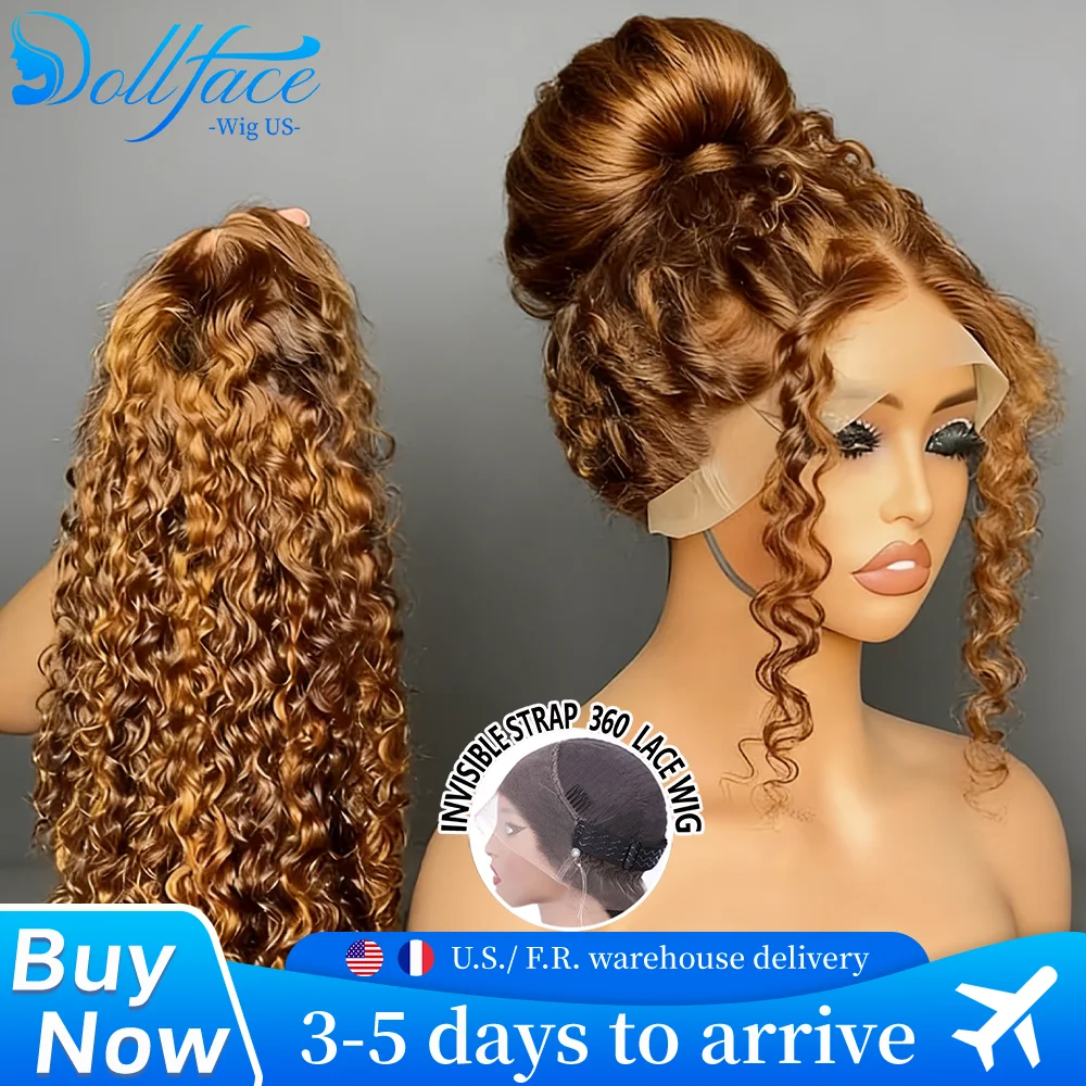 Deep Wave Invisible Strap 360 Full Lace Wig P427 Highlight Human Hair Wigs Brazilian Preplucked Water Wave 220 Density Curly Wig
