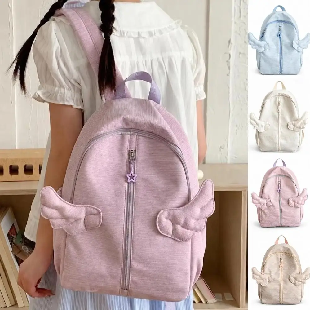 Y2k Sweet Angel Wing Backpack Minimalist Multiple Pockets Nylon Rucksack Large Capacity Cute Student School Bag Daily