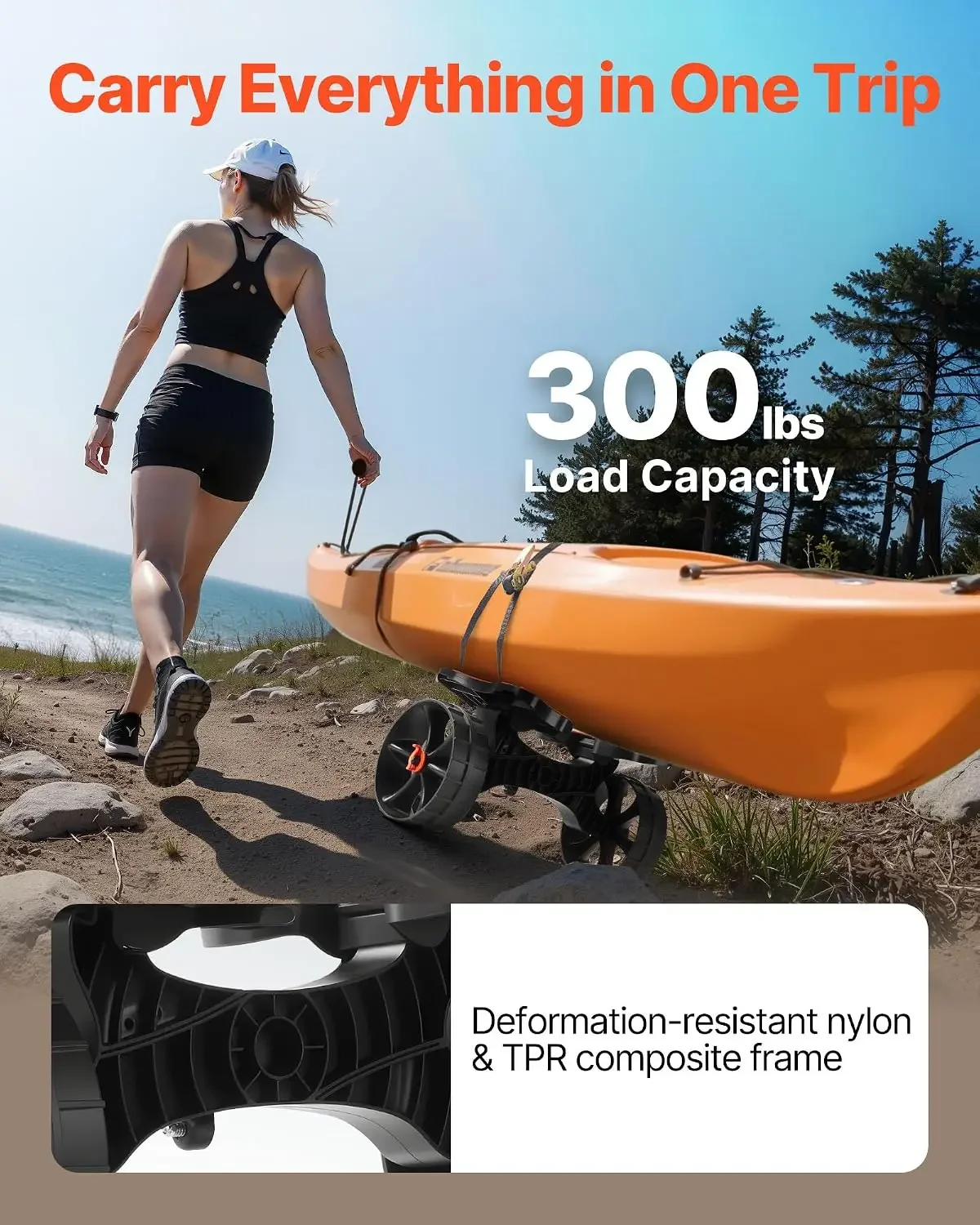 300 lbs Kayak Cart, Foldable Kayak Trolley with 10-inch Solid Rubber Tires & 1 Ratchet Strap, Paddle Board Trolley for Carrying