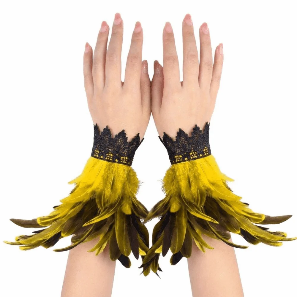 Fashion Black Fluffy Feather Wrist Cuffs Adjustable Lightweight Plume Bracelet Lace Gothic Halloween Arm Cuff Gloves Cosplay