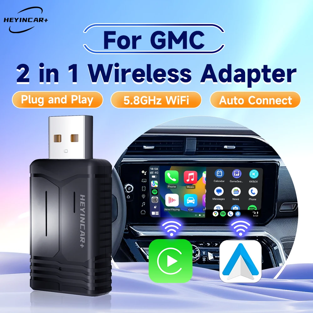 2024 NEW HEYINCAR 2in1 Wireless Carplay Adapter Android Auto Wireless For GMC Sierra 1500 CANYON TERRAIN ACADIA YUKON