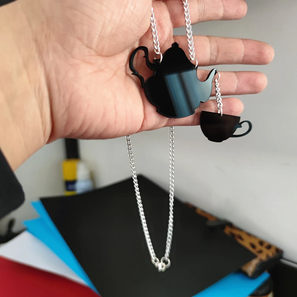 KUGUYS Fashion Acrylic Jewelry Women Black Teapot Pendant Necklace for Mens Silver Color Chain HipHop Rock Necklaces