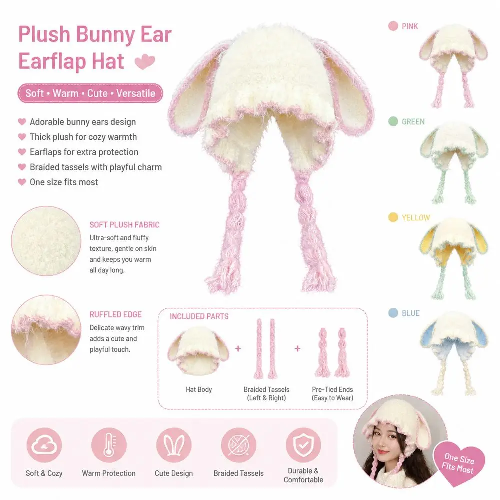 Soft Bunny Ear Hat Braided Tassels Long Earflaps Earflap Beanie Hat Fuzzy Texture Colorful Style Winter Hat Women