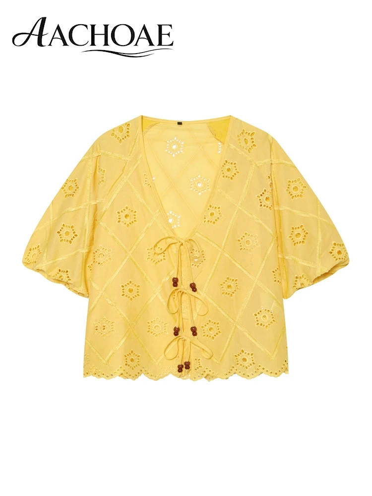 AACHOAE Women Boho Eyelet Embroidered Cotton Blouse V Neck Tie Front Scallop Hem Short Sleeve Crop Top Casual Summer Shirt